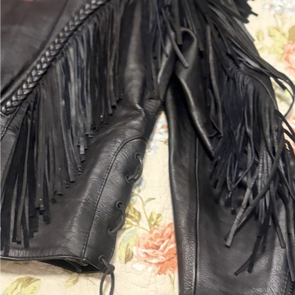 Women’s Black Fringe Leather Biker Motorcycle Jacket Rose Pattern Size Large - Picture 9 of 14